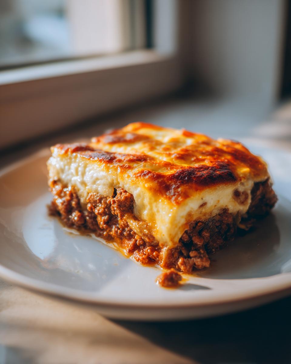 A close-up, sunlit slice of Outrageously Delicious Greek Moussaka with a rich meat layer and golden b&eacute;chamel topping.