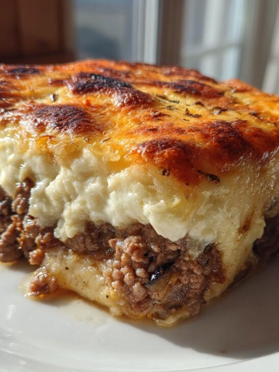 A close-up slice of Outrageously Delicious Greek Moussaka showing layers of seasoned ground meat and creamy b&eacute;chamel topping.
