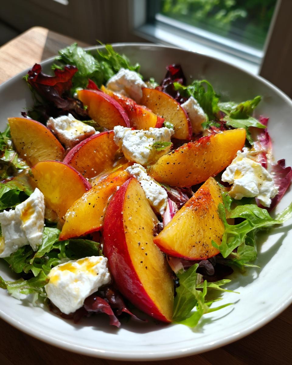 Close-up of a vibrant Peach Burrata Salad featuring sliced peaches, creamy white cheese chunks, and mixed greens drizzled with dressing.