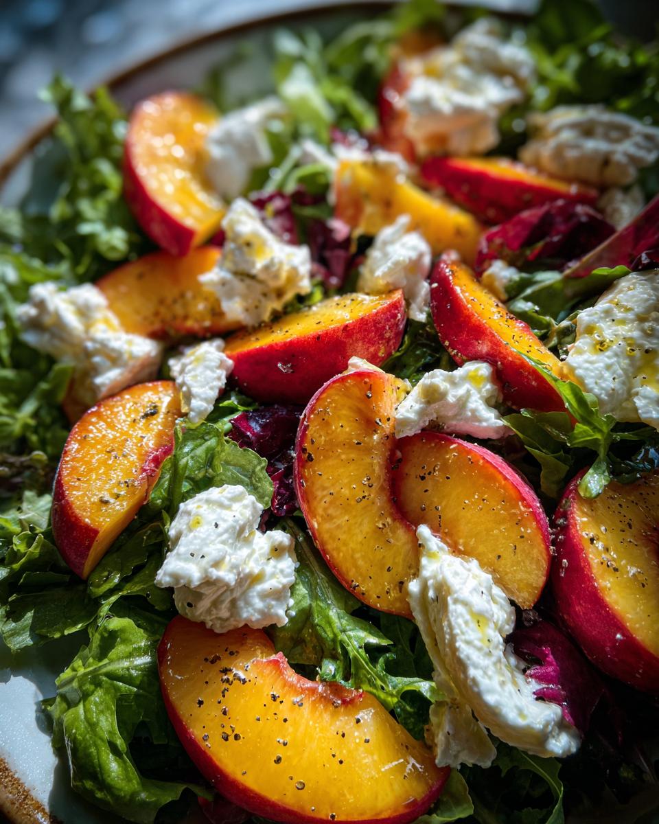 Close-up of a vibrant Peach Burrata Salad featuring fresh peach slices, creamy burrata, and mixed greens, seasoned with pepper.