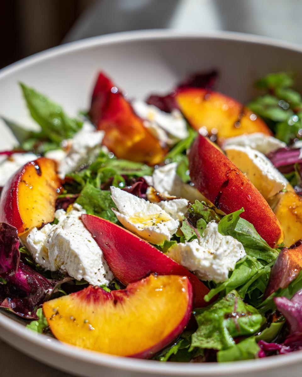 Close-up of a vibrant Peach Burrata Salad featuring bright yellow peach slices, torn white burrata cheese, and mixed greens drizzled with balsamic.