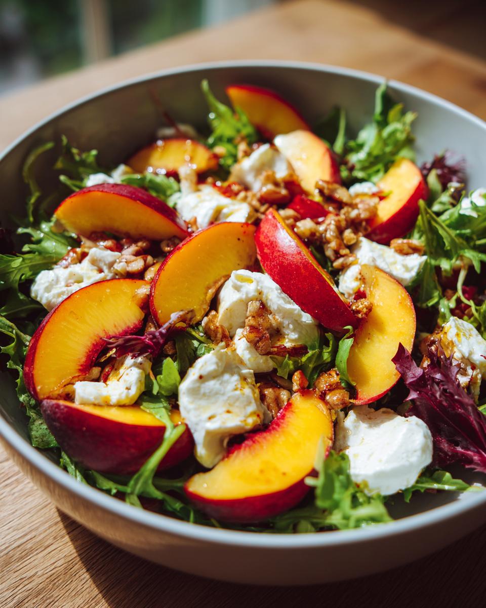 Close-up of a fresh Peach Burrata Salad featuring bright peach slices, creamy white burrata cheese, and mixed greens.