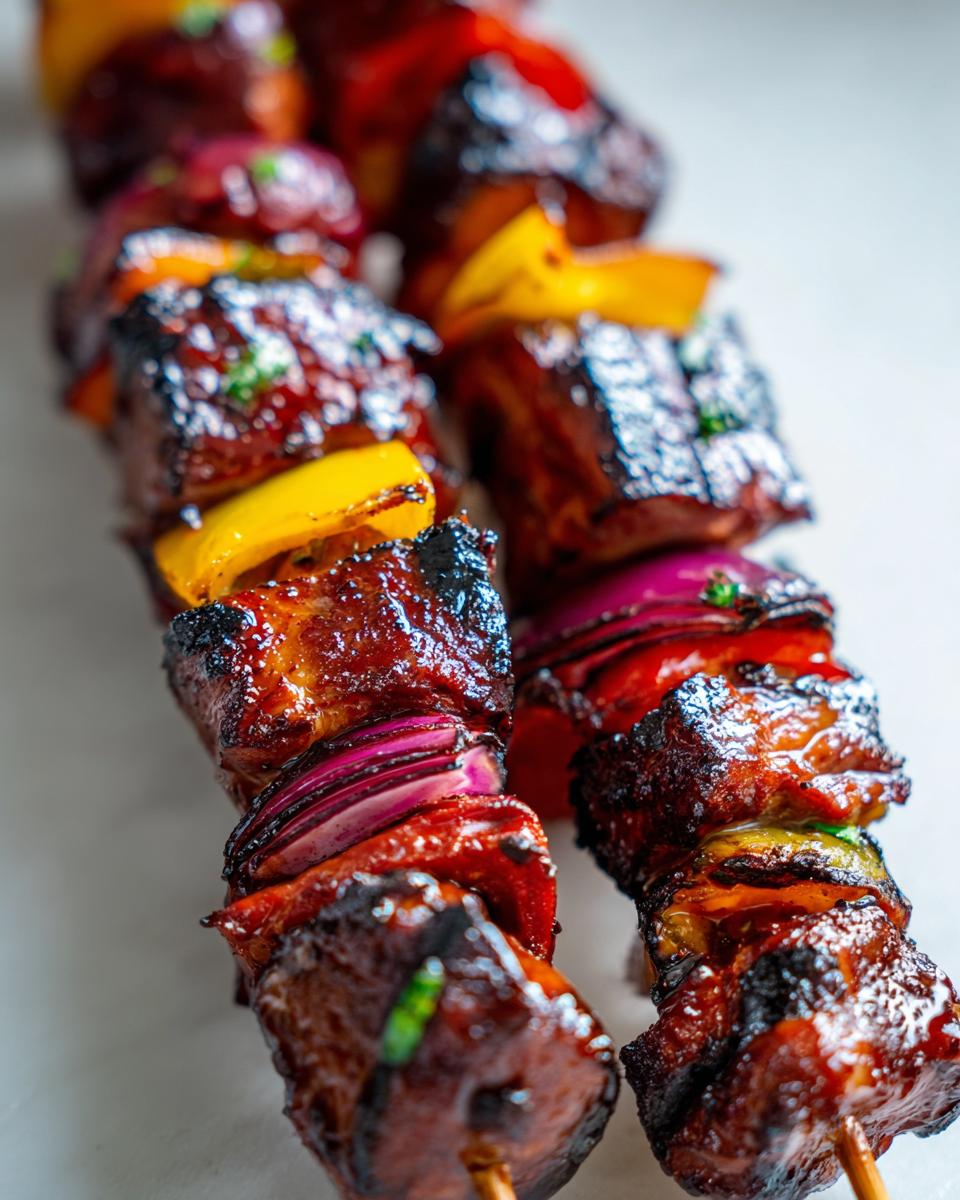 Close-up of two skewers featuring glazed Peruvian Grilled Chicken Skewers alternating with red onion and yellow bell pepper.