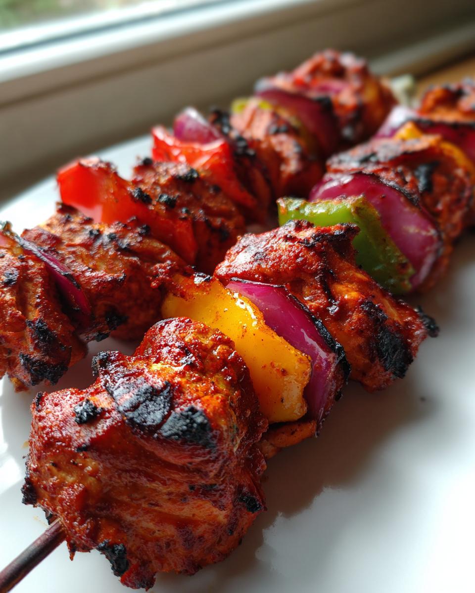 Close-up of vibrant, marinated Peruvian Grilled Chicken Skewers threaded with colorful bell peppers and red onions.