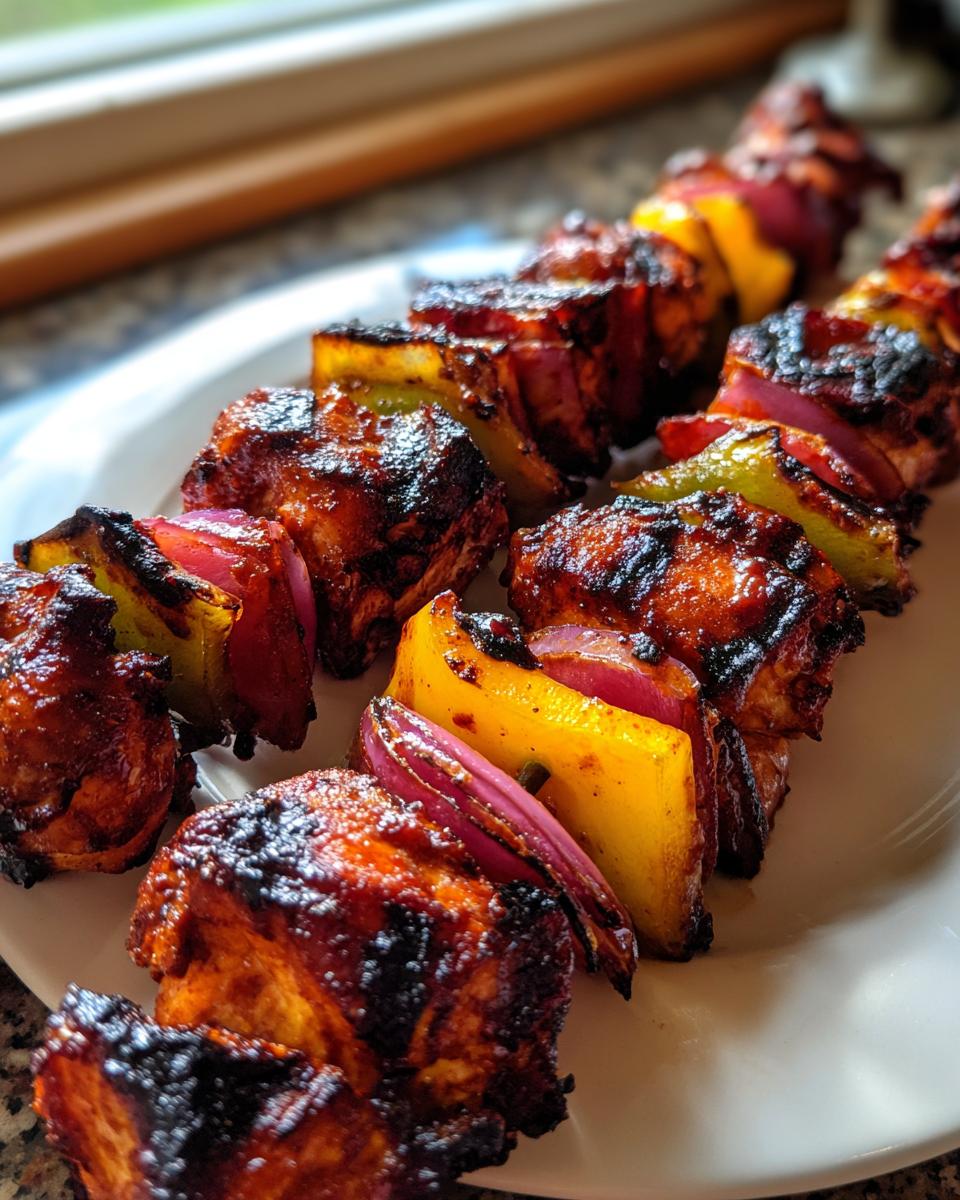 Close-up of charred, glazed Peruvian Grilled Chicken Skewers with red onion and yellow bell pepper.