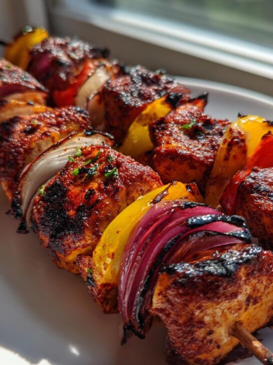 Two skewers of beautifully charred Peruvian Grilled Chicken Skewers with red onion and yellow bell pepper.