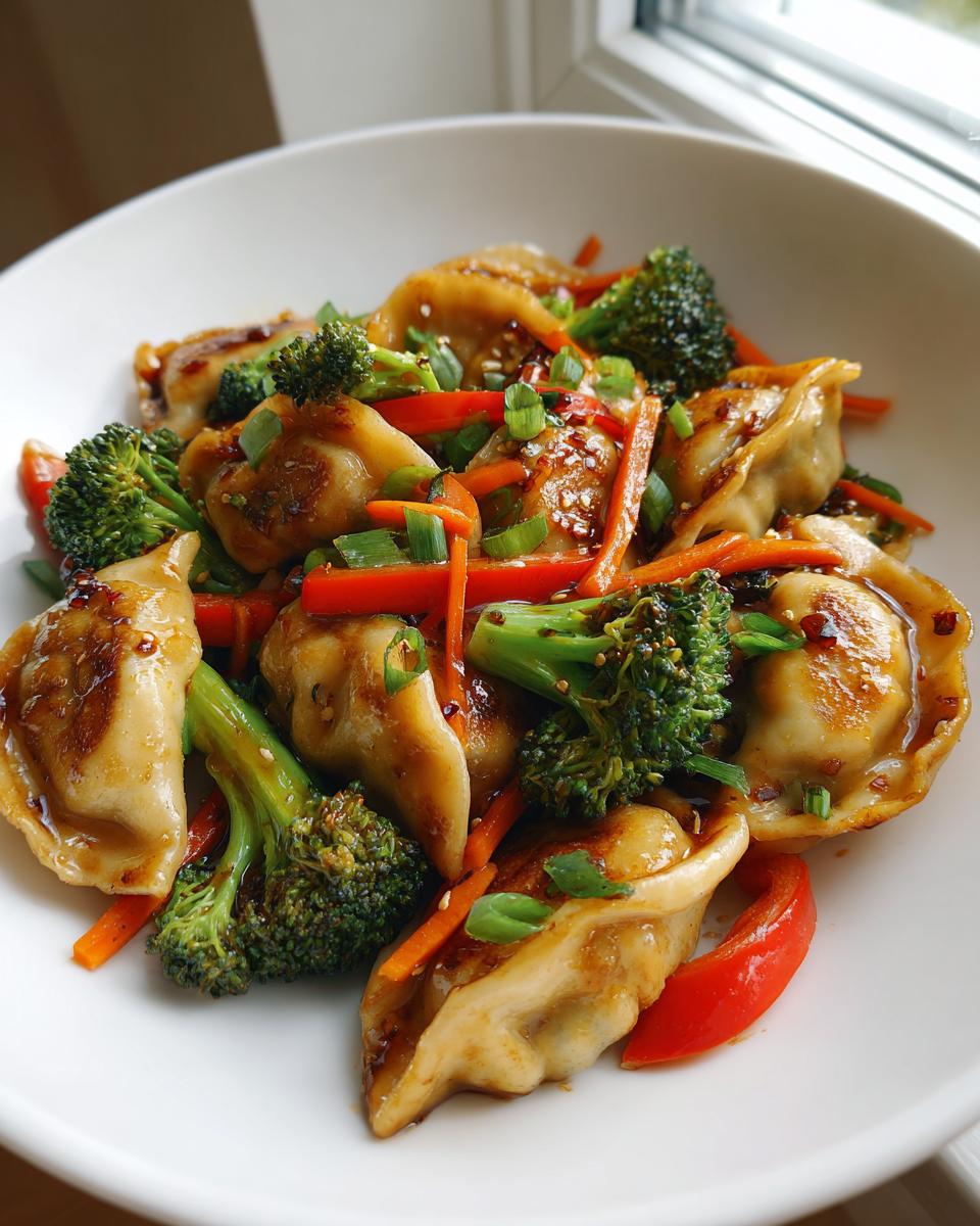 A close-up view of a serving of Potsticker Stir Fry featuring pan-fried dumplings, bright green broccoli, and red pepper strips in a white bowl.