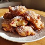 A pile of golden brown, fluffy Rhubarb Fritters generously dusted with white powdered sugar on a white plate.