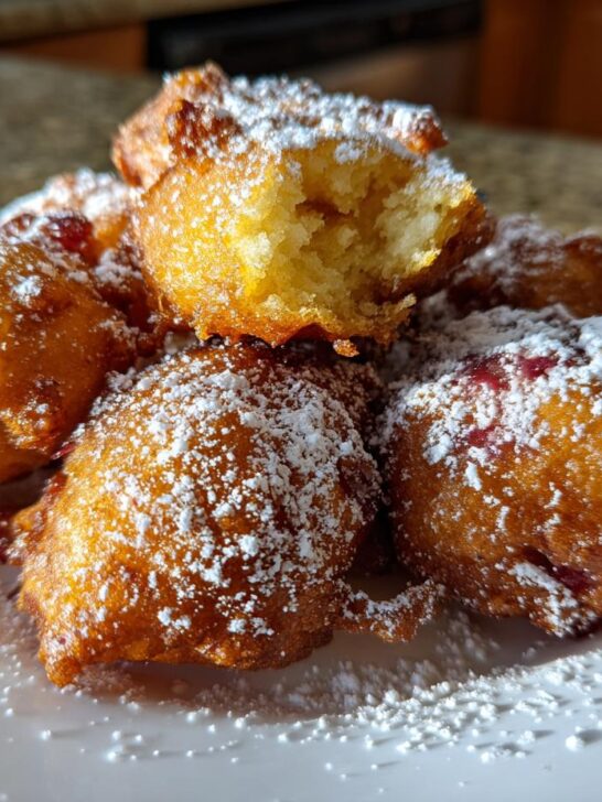 A pile of golden brown Rhubarb Fritters dusted generously with white powdered sugar on a white plate.