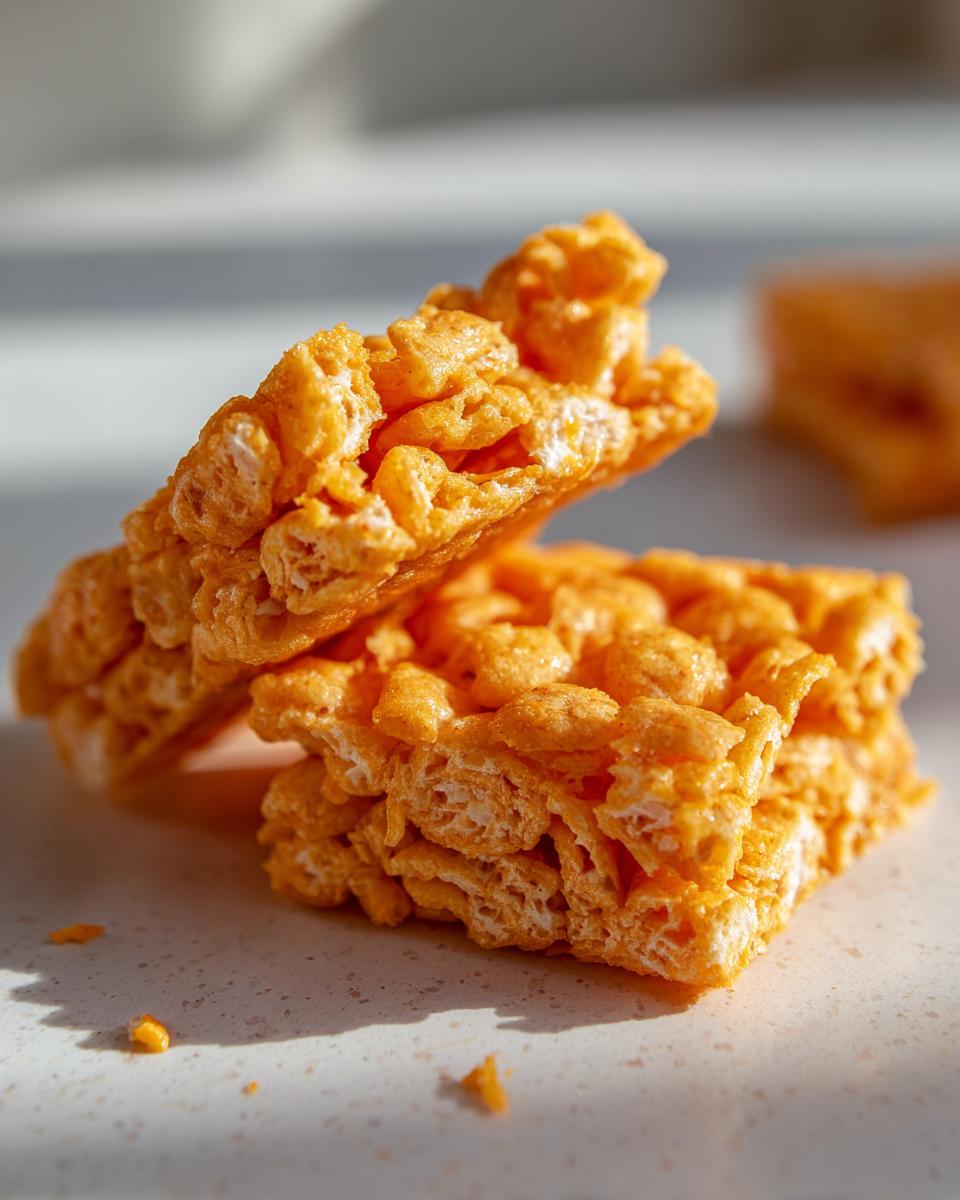 Two stacked, bright orange Rice Krispie Cheddar Crackers bars showing their crispy, textured interior.
