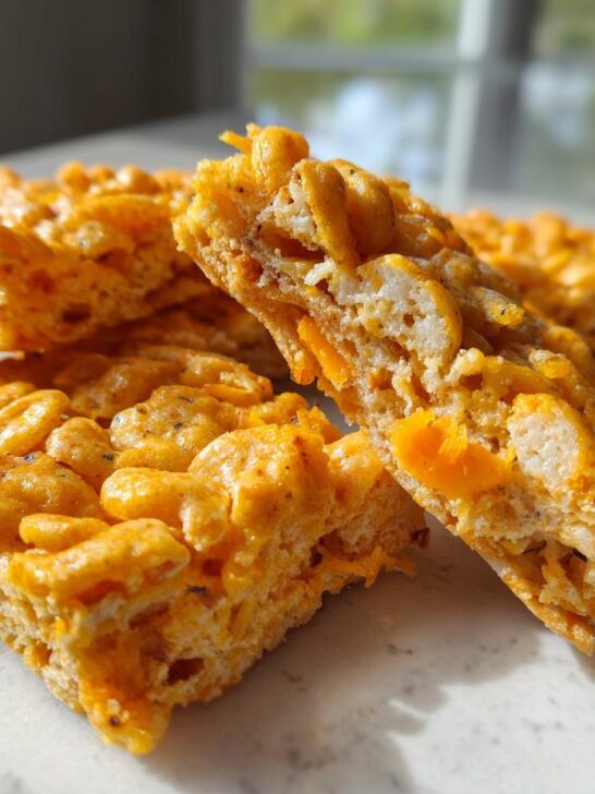 Close-up of several rectangular bars of Rice Krispie Cheddar Crackers stacked on a marble surface.