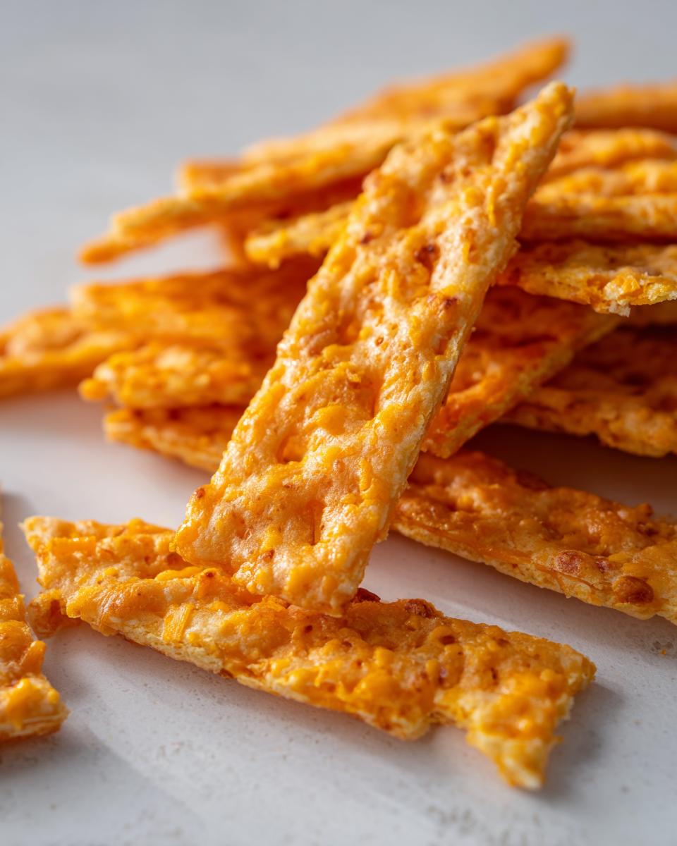 A pile of golden, rectangular Rice Krispie Cheddar Crackers featuring melted, bubbly cheddar cheese.
