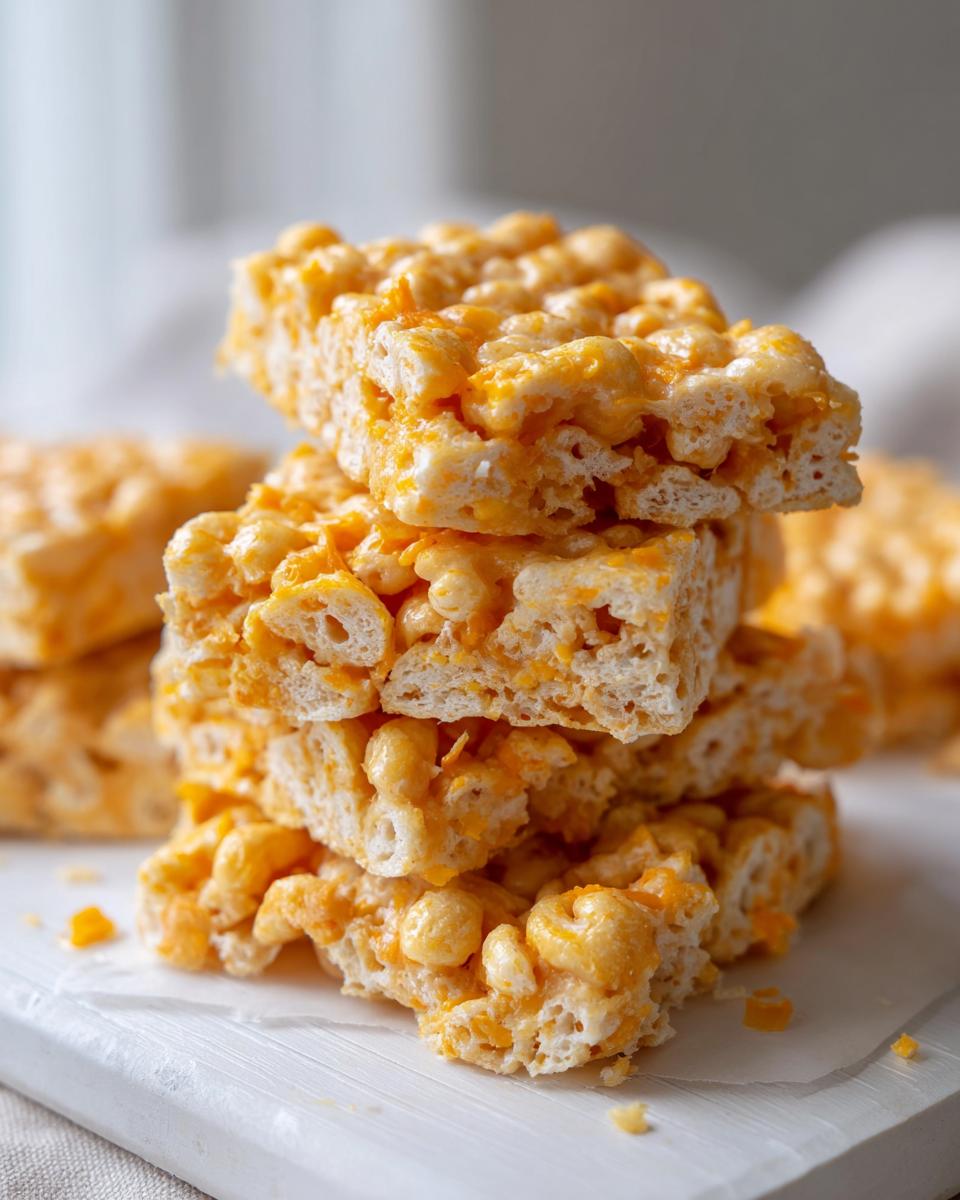 A stack of four golden, cheesy Rice Krispie Cheddar Crackers squares on a white board.