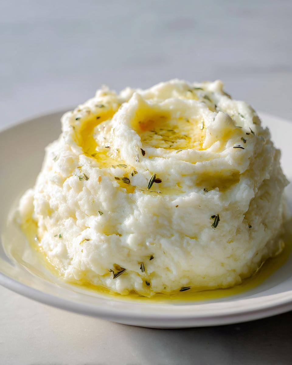 A mound of creamy Roasted Garlic Mashed Potatoes topped with melted butter and herbs.