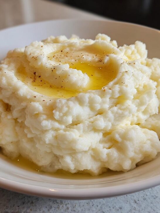 A close-up of fluffy Roasted Garlic Mashed Potatoes in a white bowl, topped with melted butter and black pepper.