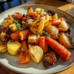 Close-up of a plate filled with golden brown Roasted Root Vegetable Medley, including carrots and potatoes, garnished with fresh thyme.