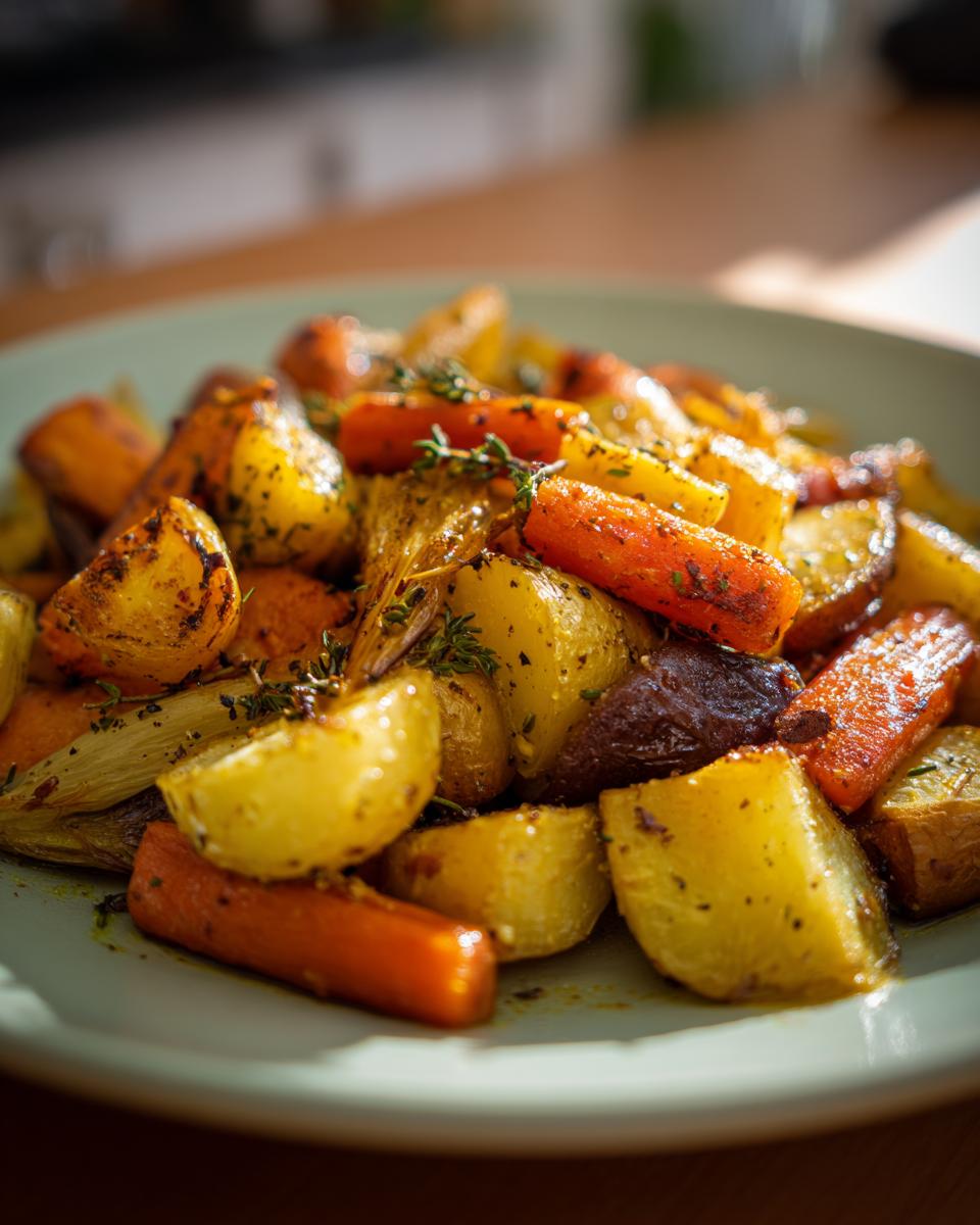 Close-up of a plate featuring a colorful Roasted Root Vegetable Medley with carrots and potatoes seasoned with herbs.