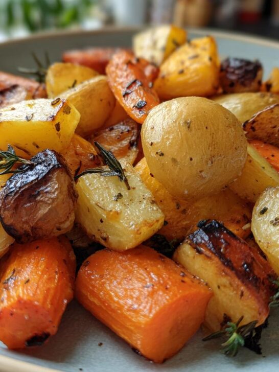 Close-up of a plate piled high with golden brown Roasted Root Vegetable Medley, including carrots and potatoes, seasoned with rosemary.