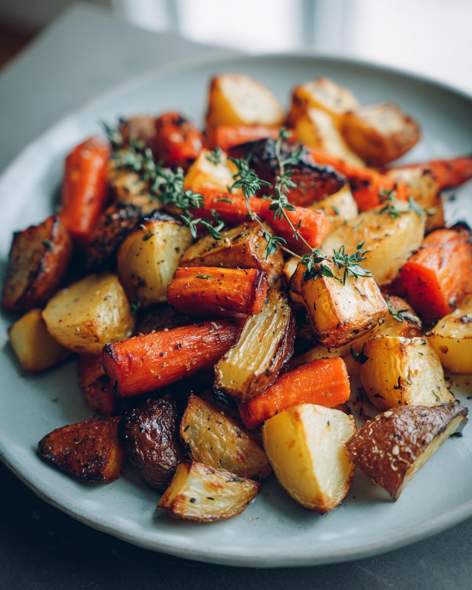 Close-up of a plate filled with golden brown Roasted Root Vegetable Medley, including carrots and potatoes, garnished with fresh thyme.