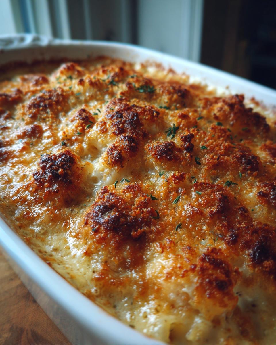 Close-up of a baked Seafood Gratin Recipe 2 with a bubbly, golden-brown, cheesy crust.