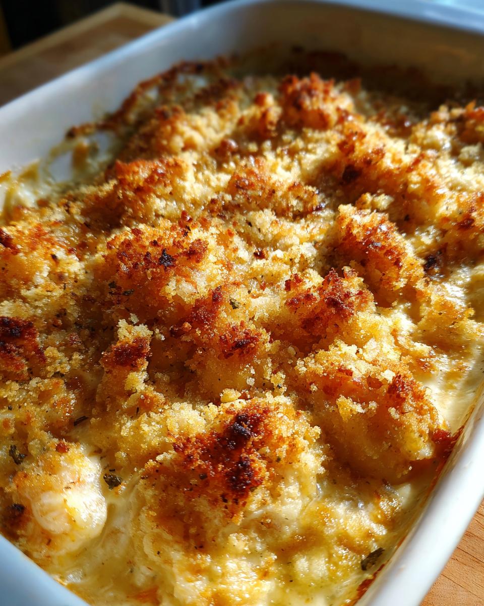 Close-up of a baked Seafood Gratin Recipe 2 with a golden, crispy breadcrumb topping bubbling in a white dish.