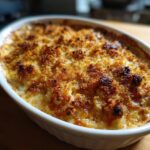 A close-up of a baked Seafood Gratin Recipe 2 in a white oval dish, featuring a crispy, golden-brown breadcrumb topping.