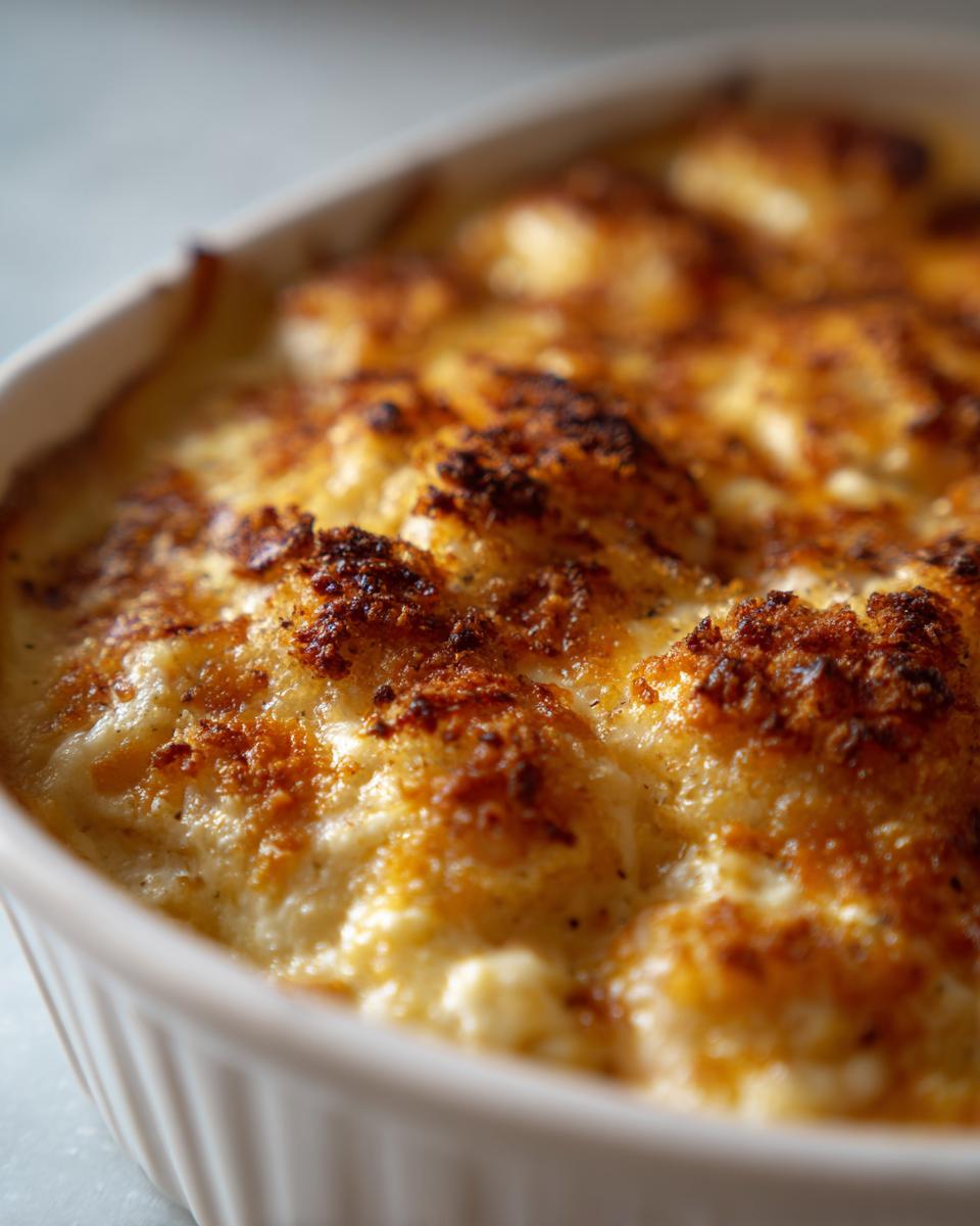 Close-up of a creamy Seafood Gratin Recipe 2 with a perfectly browned, bubbly, and crusty topping.