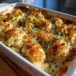Close-up of a baked Seafood Gratin Recipe bubbling in a white casserole dish, topped with golden breadcrumbs and fresh parsley.