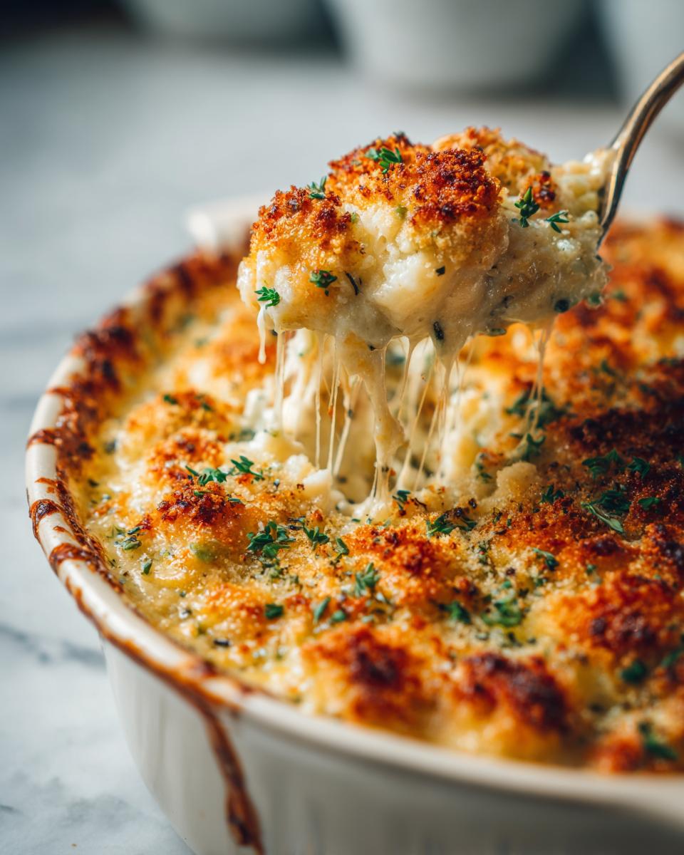 A spoonful of creamy Seafood Gratin Recipe being lifted, showing incredible cheese pull and a golden, herbed breadcrumb topping.