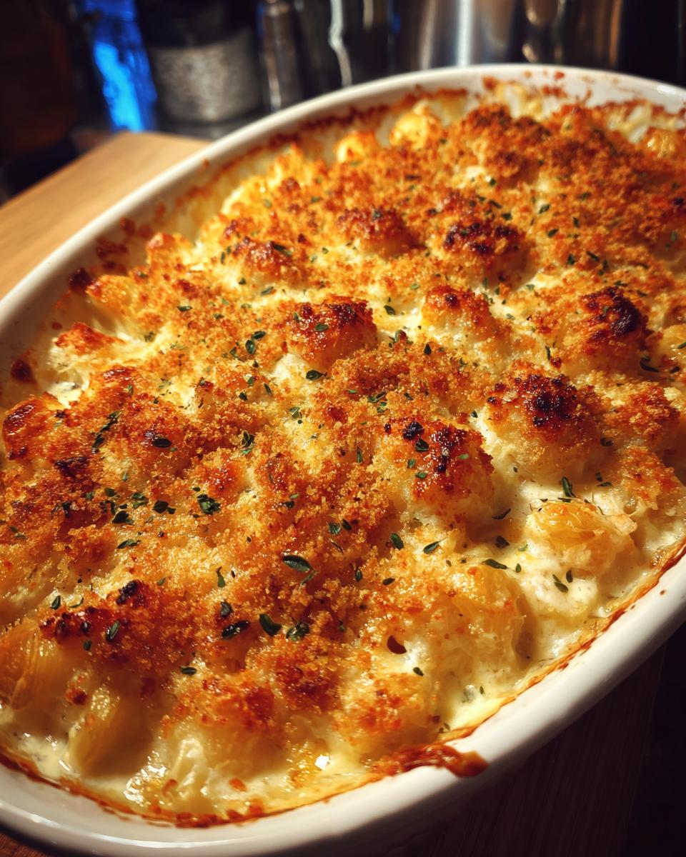 Close-up of a baked Seafood Gratin Recipe with a golden, crispy breadcrumb topping and creamy sauce.