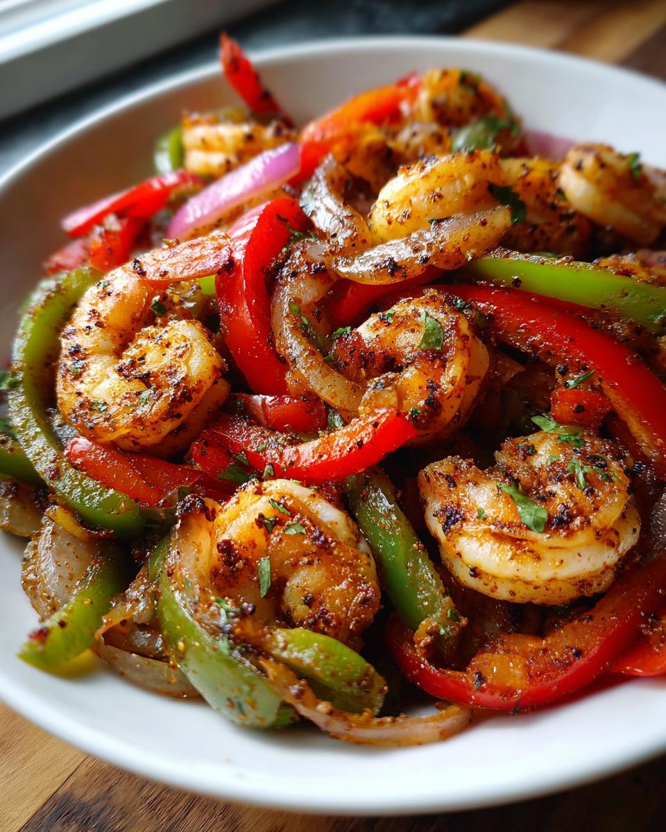 Close-up of seasoned shrimp mixed with sliced red and green bell peppers and onions for Sheet Pan Shrimp Fajitas.