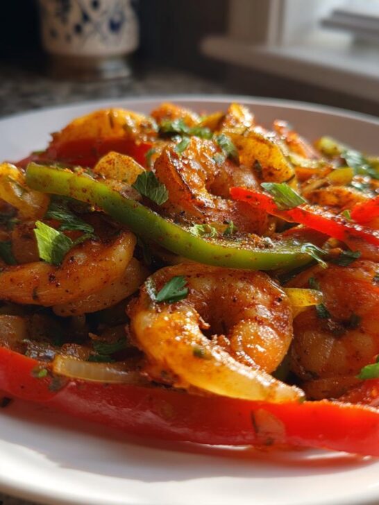 Close-up of seasoned shrimp and colorful bell peppers from Sheet Pan Shrimp Fajitas served on a white plate.