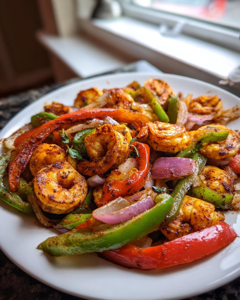 Close-up of seasoned shrimp mixed with sliced red, green bell peppers, and red onion, ready for Sheet Pan Shrimp Fajitas.