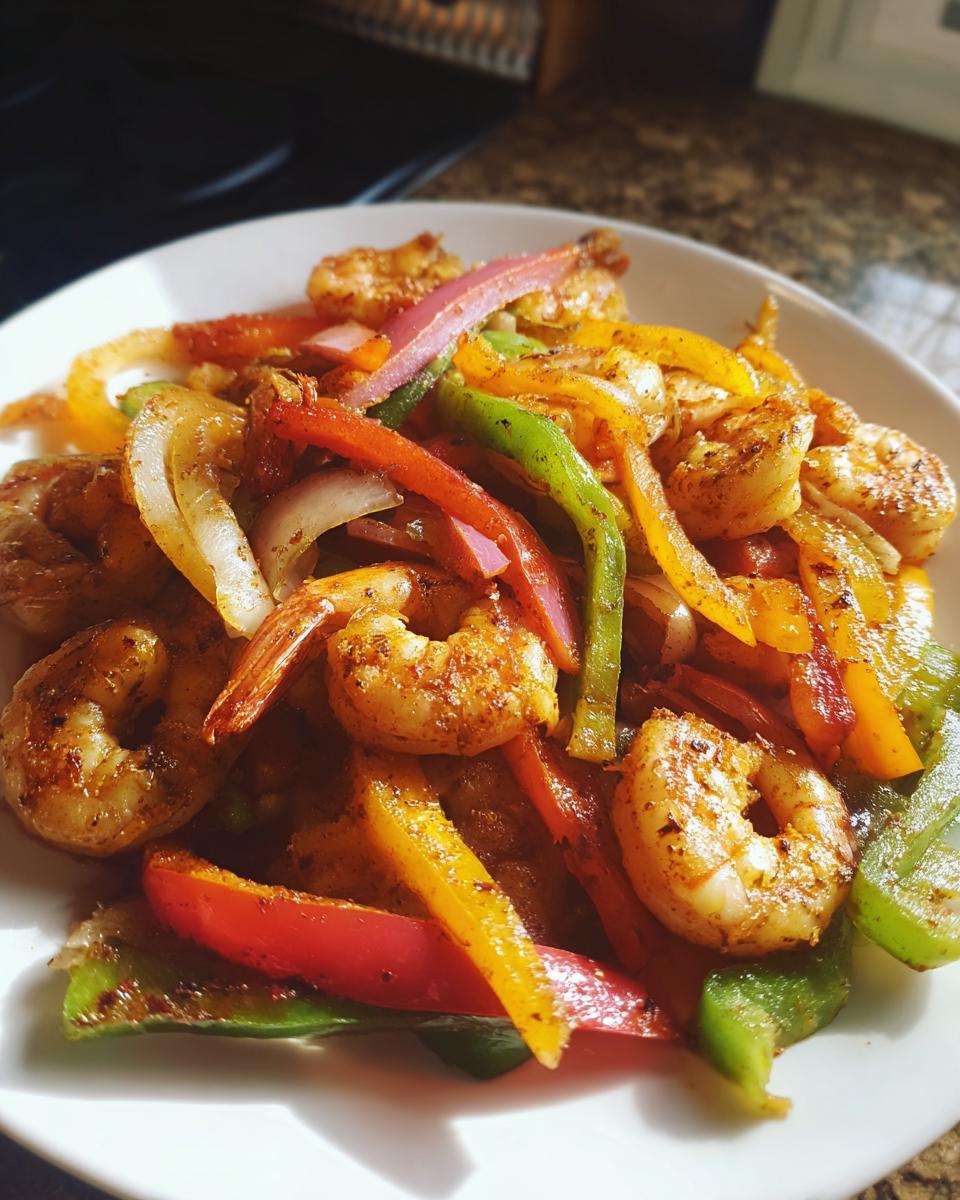 Close-up of seasoned shrimp mixed with colorful sliced bell peppers and onions, ready for Sheet Pan Shrimp Fajitas.