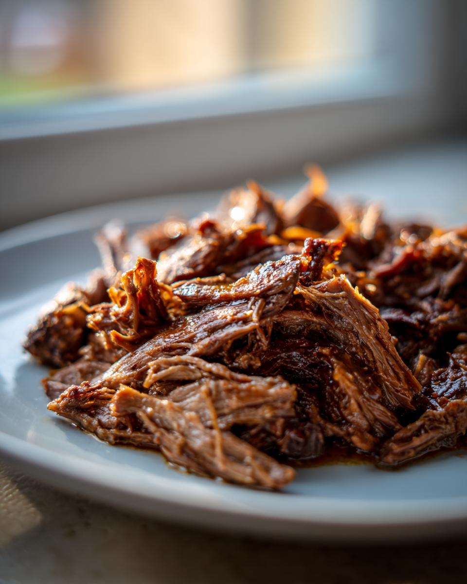 Close-up of tender, shredded Slow Cooker Beef Barbacoa glistening with sauce on a white plate.