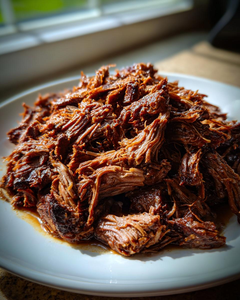 Close-up of tender, shredded Slow Cooker Beef Barbacoa piled high on a white plate, glistening with sauce.