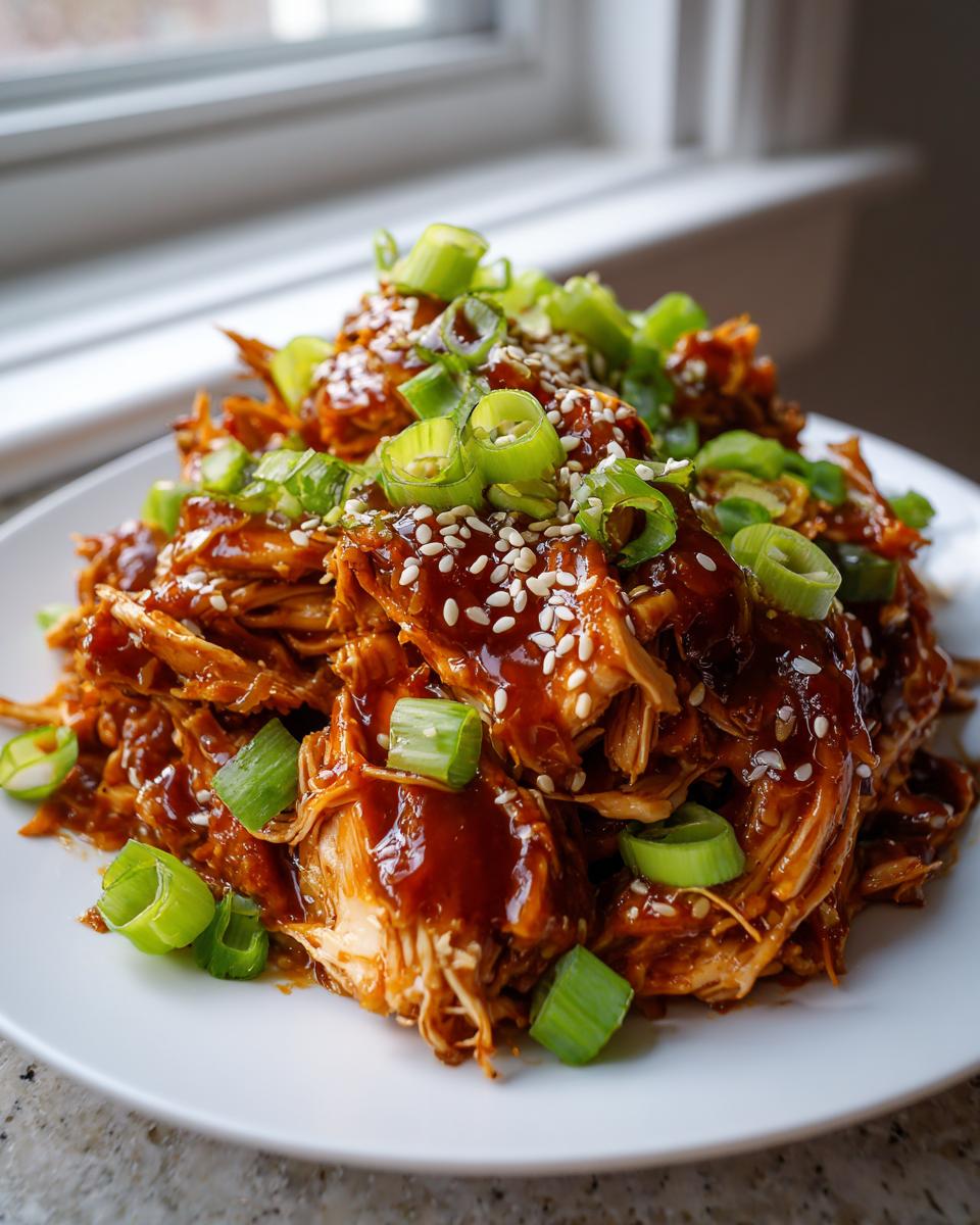 A close-up of shredded Slow Cooker Teriyaki Chicken coated in sauce, topped with sesame seeds and green onions.