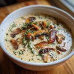 A close-up of creamy Skinny Cream Of Mushroom Soup topped with saut&eacute;ed mushrooms and fresh thyme sprigs.