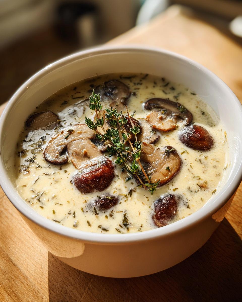 A close-up of a white bowl filled with Skinny Cream Of Mushroom Soup, garnished with sliced mushrooms and fresh thyme.
