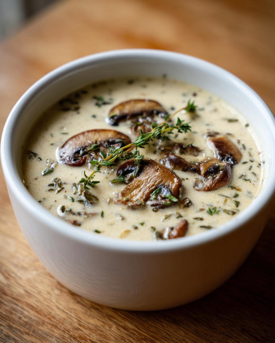 A white bowl filled with creamy Skinny Cream Of Mushroom Soup, topped with saut&eacute;ed mushrooms and fresh thyme sprigs.