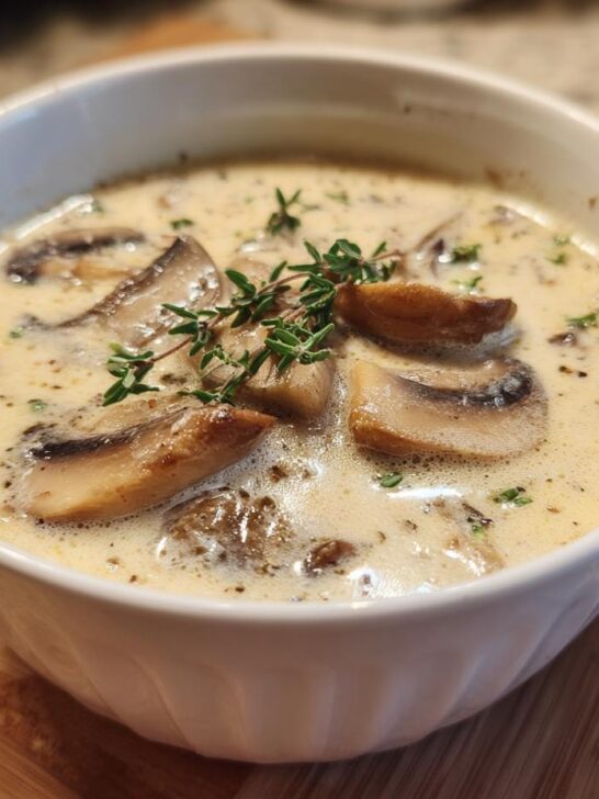 Close-up of a white bowl filled with Skinny Cream Of Mushroom Soup, topped with sliced mushrooms and fresh thyme.