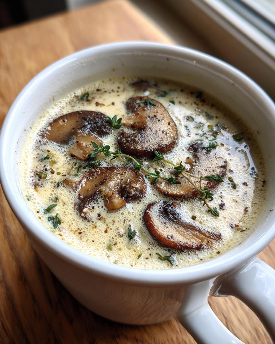 Close-up of Skinny Cream Of Mushroom Soup topped with saut&eacute;ed mushrooms and fresh thyme sprigs.