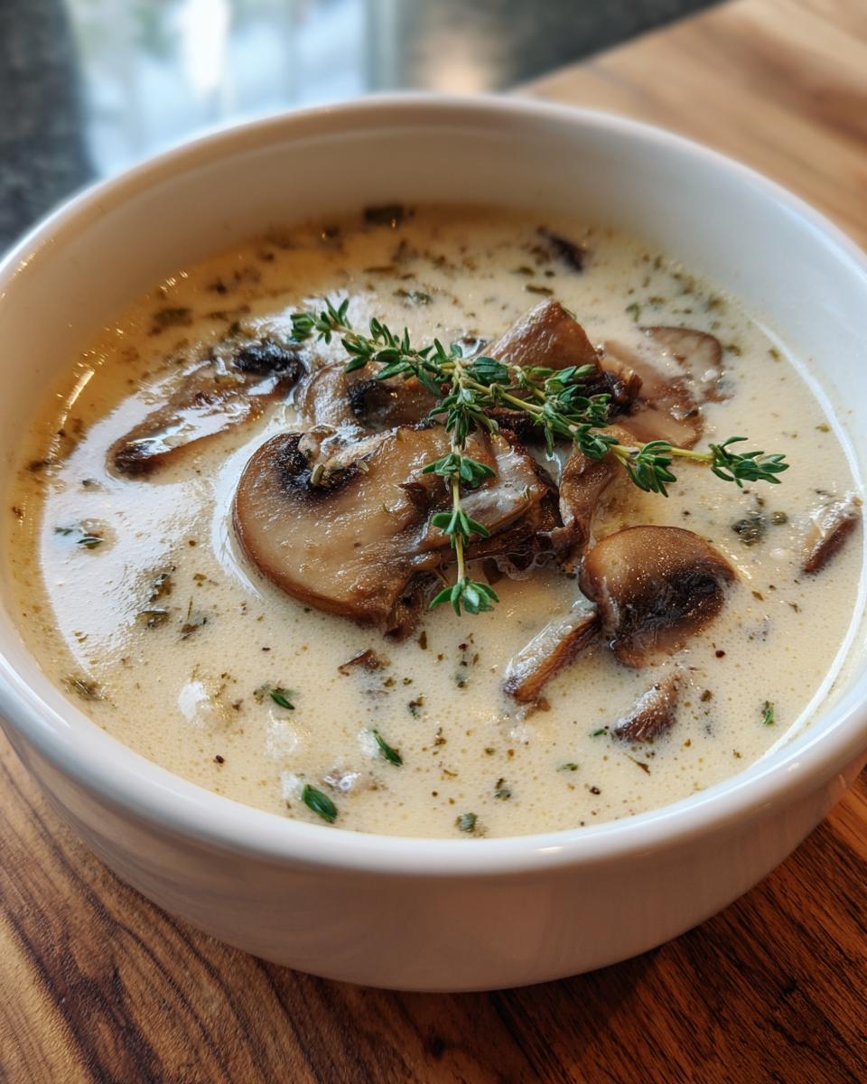 Close-up of a white bowl filled with Skinny Cream Of Mushroom Soup, garnished with saut&eacute;ed mushrooms and fresh thyme sprigs.