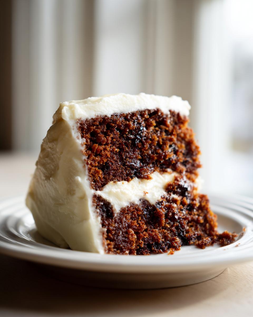 A thick slice of moist Banana Bread Cake With Cream Cheese Frosting, showing two layers of dark cake and white frosting.