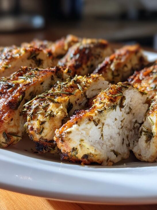 Close-up of sliced Greek Chicken Tenders, showing the seasoned, browned exterior and juicy white interior.