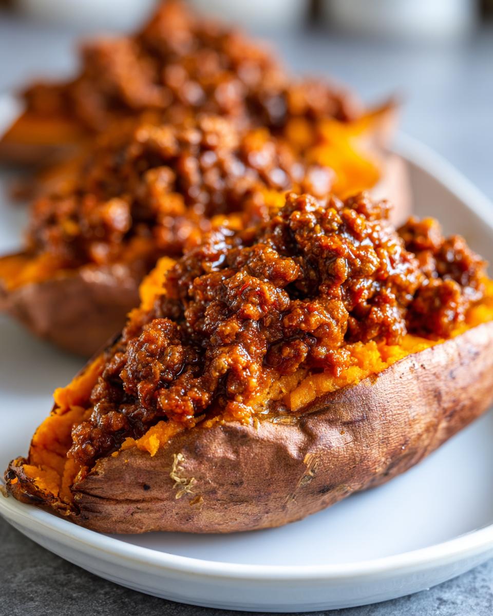 Close-up of a baked sweet potato split open and generously topped with savory Sloppy Joe Sweet Potato Bowls filling.