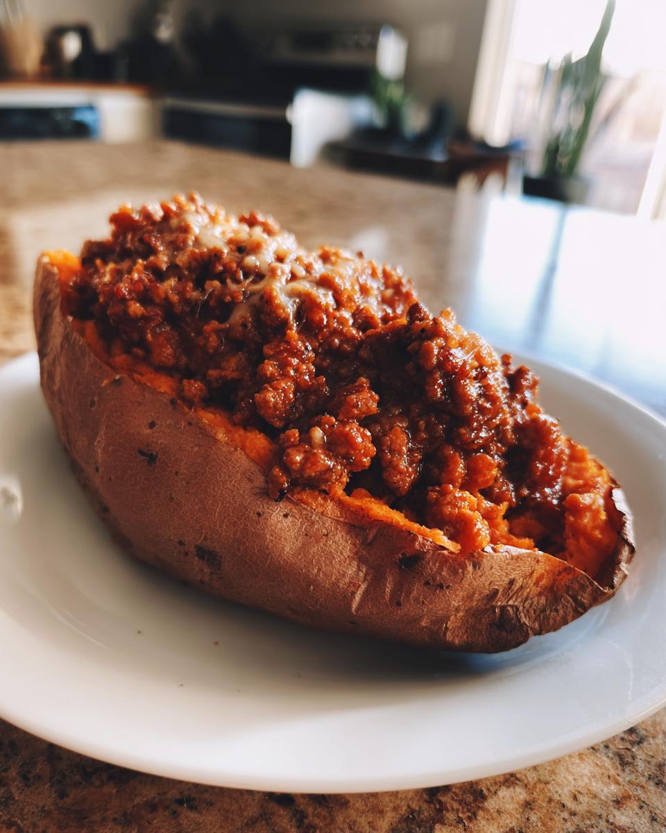 A baked sweet potato stuffed generously with savory Sloppy Joe Sweet Potato Bowls filling and topped with melted cheese.