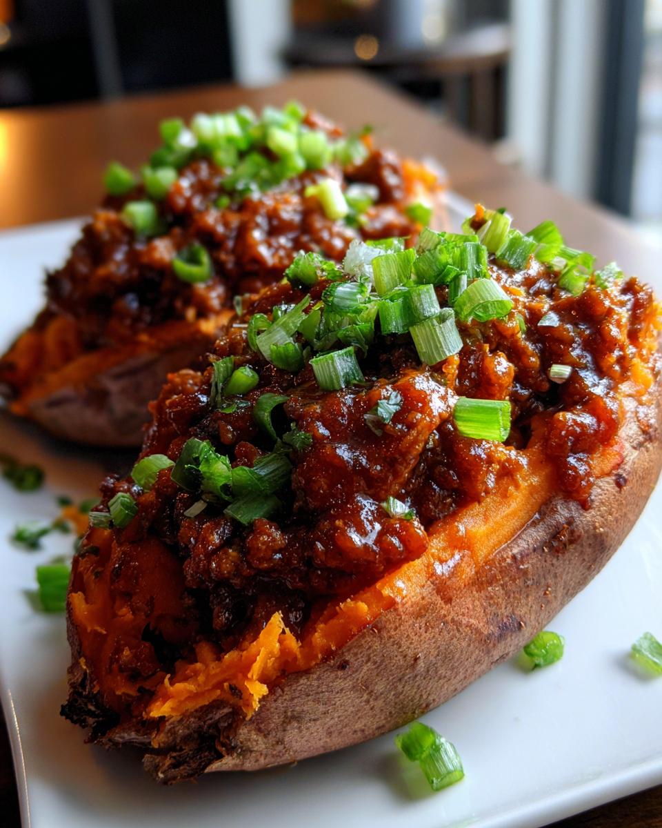 Close-up of two Sloppy Joe Sweet Potato Bowls filled with savory meat mixture and topped generously with chopped green onions.
