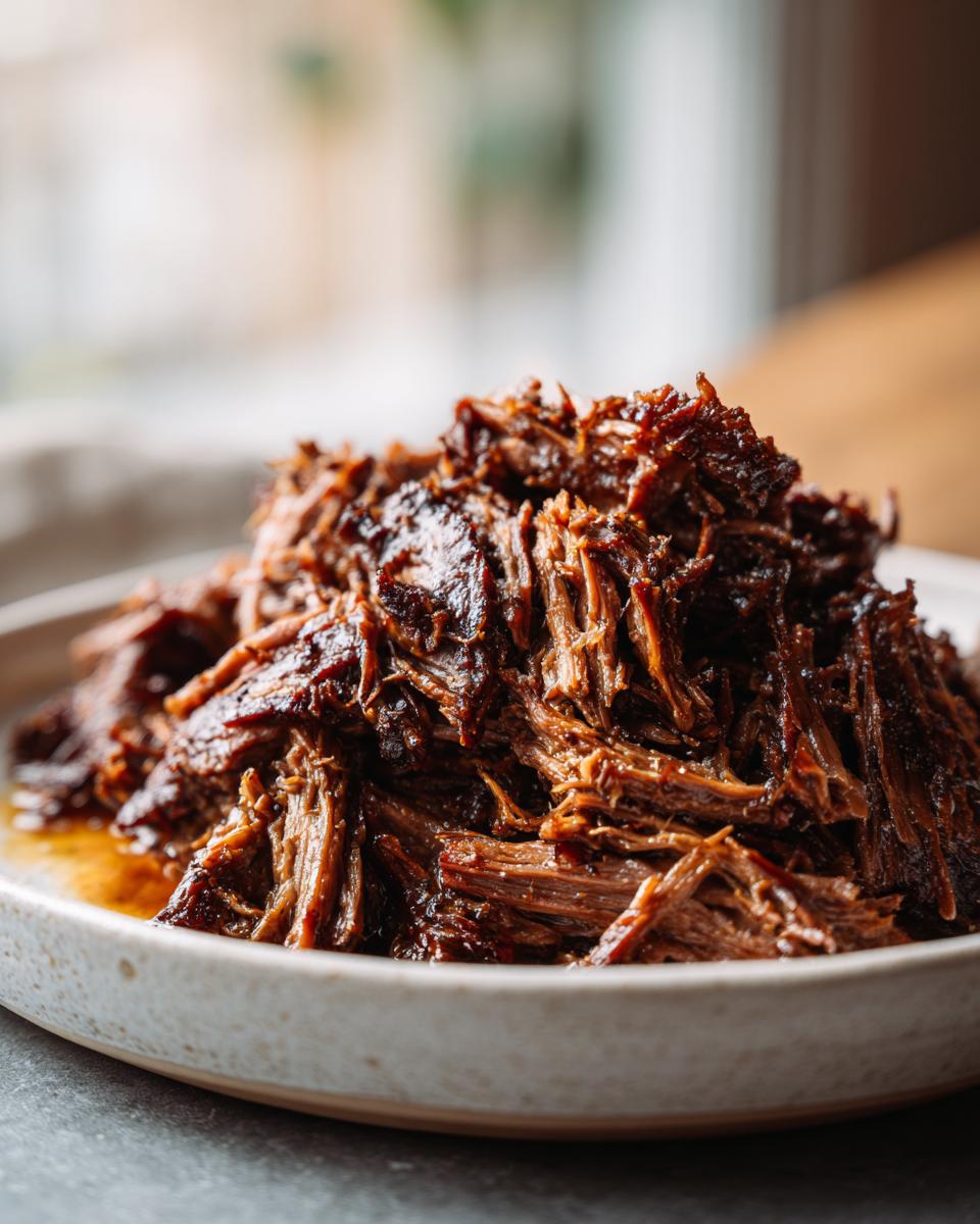 A close-up of richly seasoned, shredded Slow Cooker Beef Barbacoa piled high in a light-colored bowl.