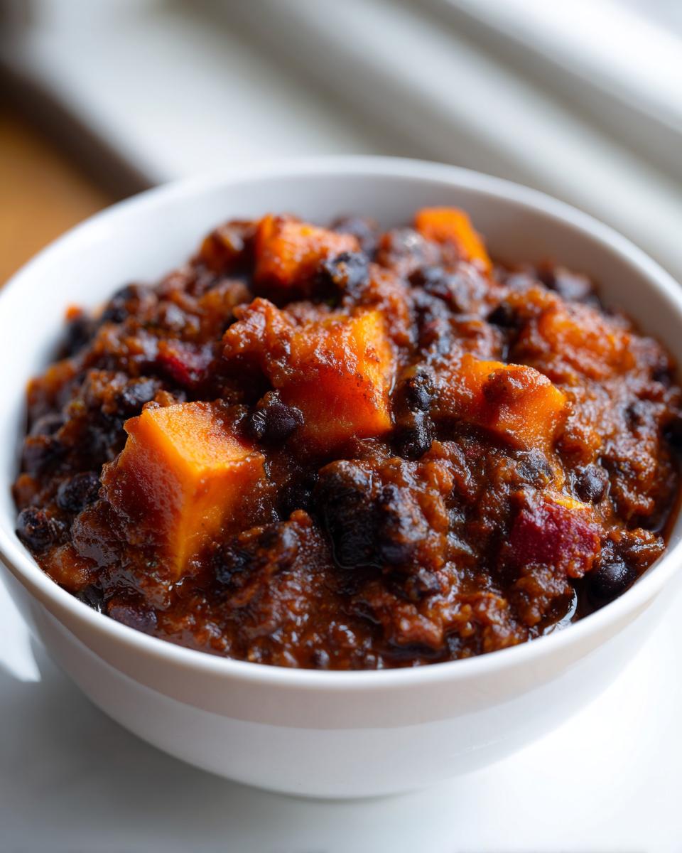 Close-up of a white bowl filled with rich, dark Slow Cooker Sweet Potato Black Bean Chili featuring visible chunks of orange sweet potato and black beans.